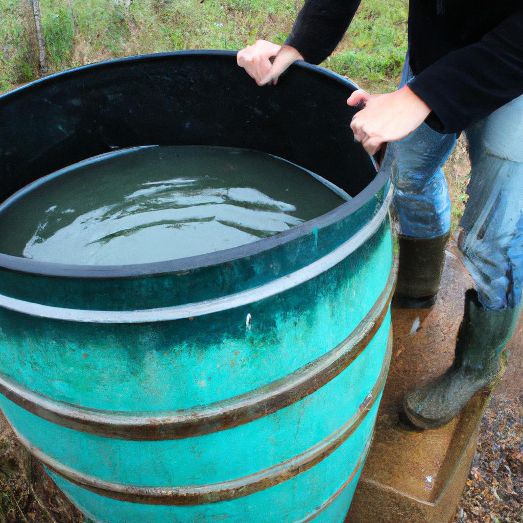 Person collecting rainwater in barrel