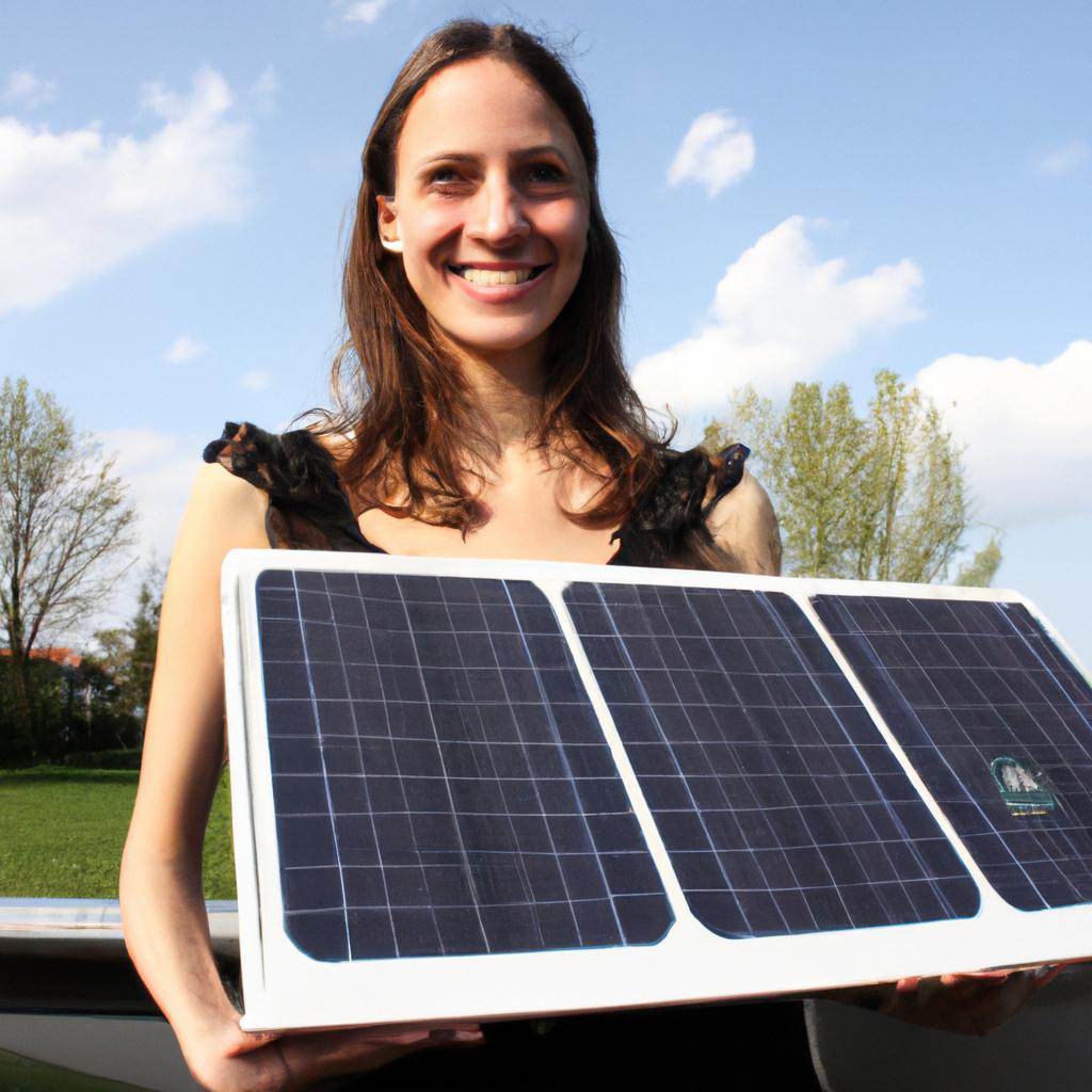 Person holding solar panel, smiling